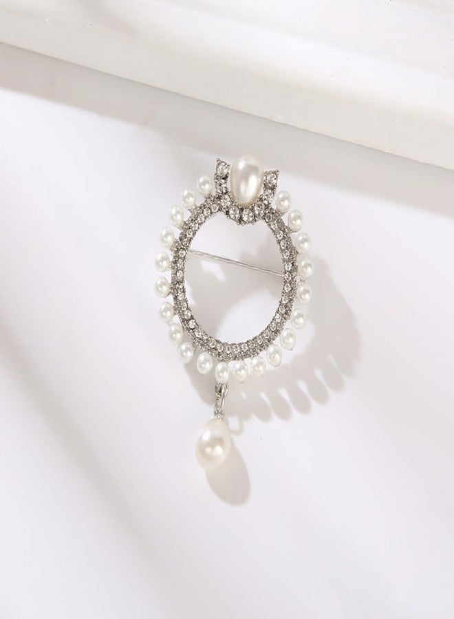 MXUHUI Elegant CZ Cubic Zirconia Round White Simulated Pearl Circle Brooch Pin for Women Wedding (Silver) - Image 4